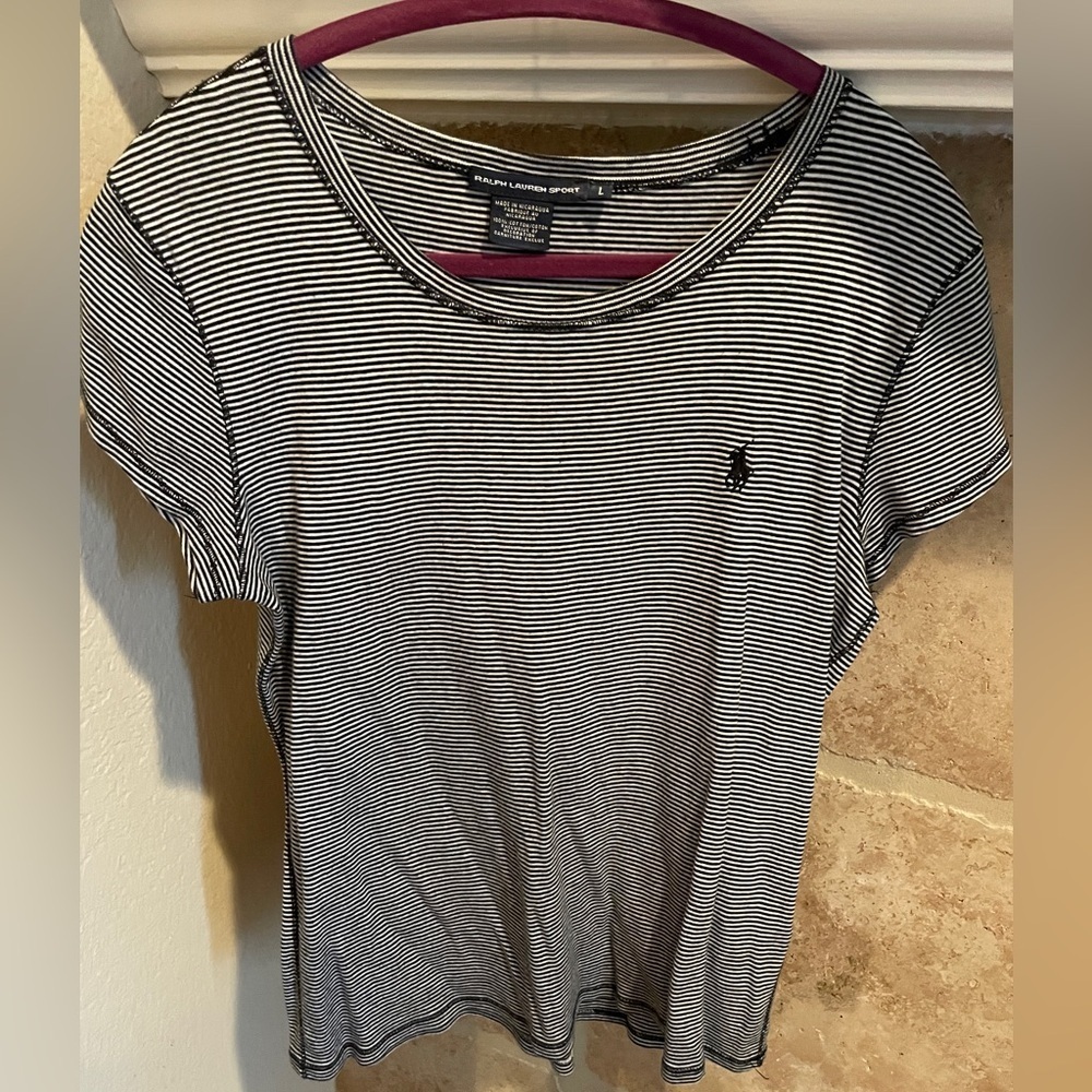 Ralph Lauren Sport 💯 cotton blue white striped short sleeve T preppy casual L